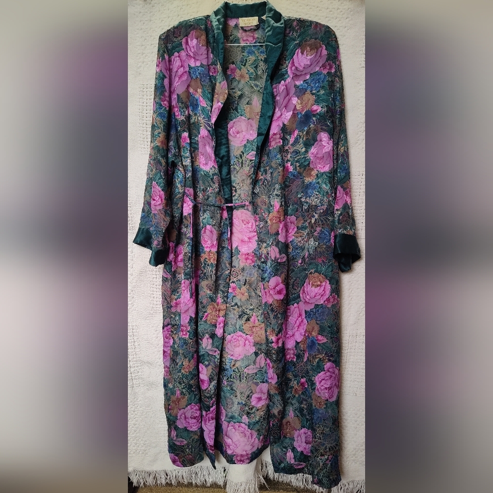 Vintage Victoria's Secret Gold Label Sheer Pink Flowers Green Robe Size Medium